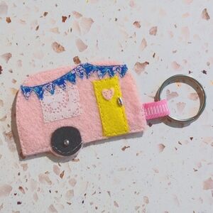 Happy Camper Key Fob Pink Handcrafted Cute  Applique Lace Ribbon Bead | New #6